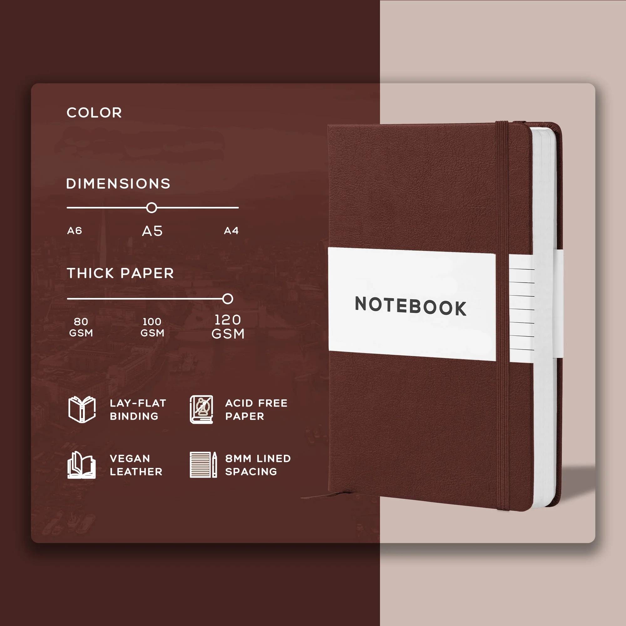 A5 Leather Journal Notebook, 5.8 x 8.3 inch, 160 Lined Pages