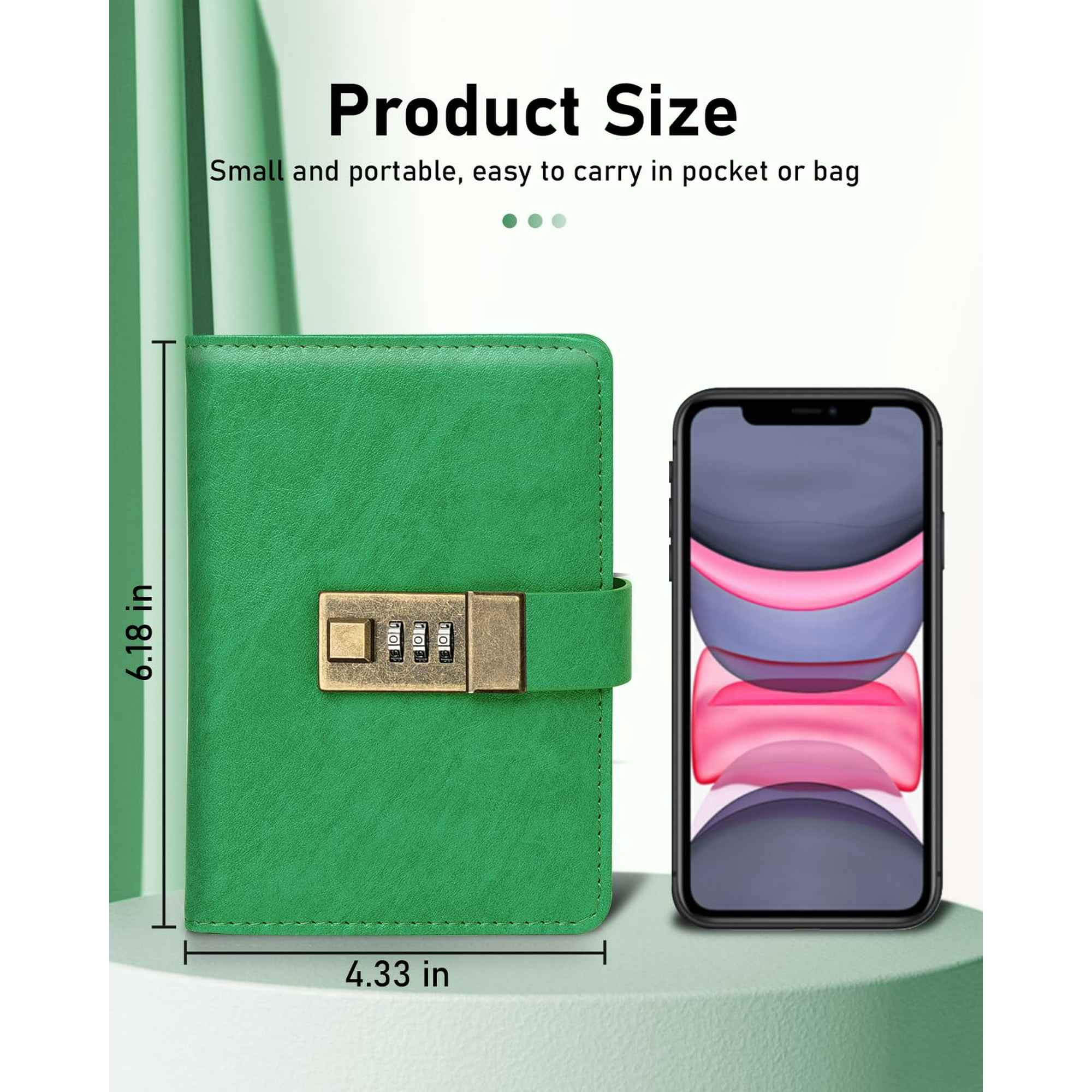 Journal with Lock, A6 PU Leather, Diary with Lock, Password Notebook,4.3×6.3inch, Grass Green